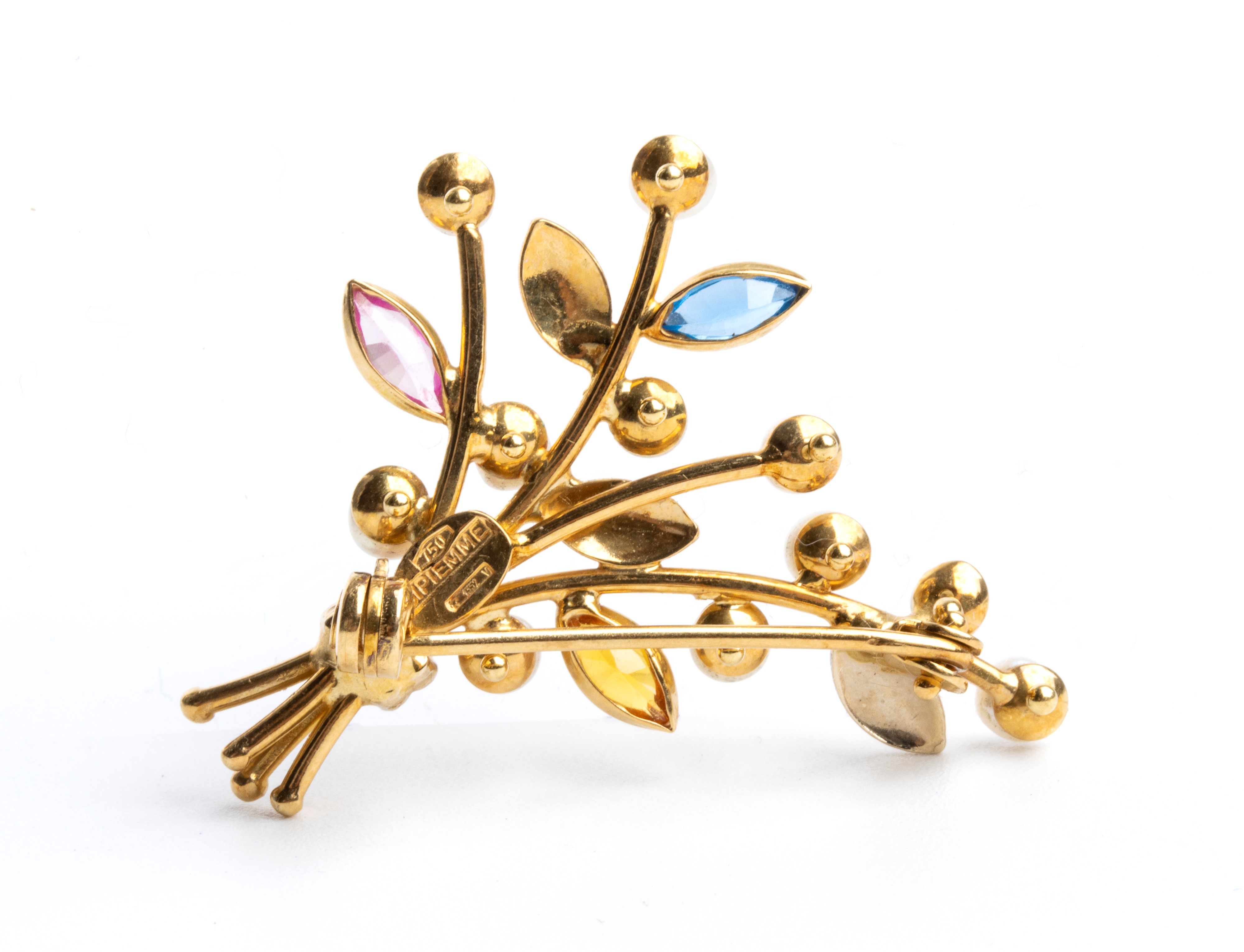 Spilla in oro con perle e pietre multicolori