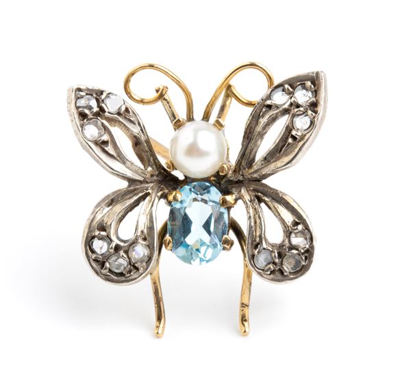 Diamond pearl aquamarine insect-shaped gold and silver brooche 