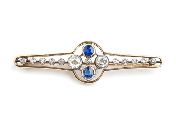 Diamond sapphires gold silver barrette brooch