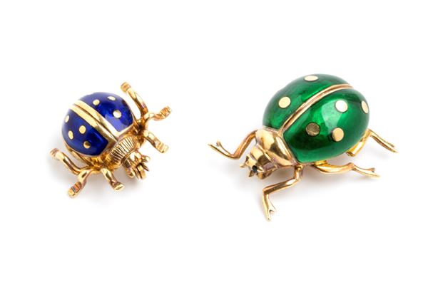 Pair of insect-shaped enamel gold brooches 