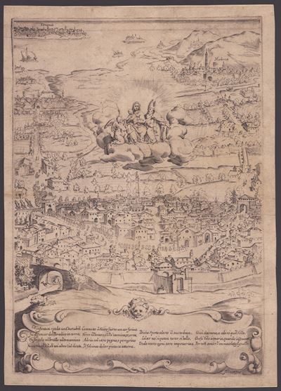 Panorama di Bologna con la Madonna, Gesù e San Petronio