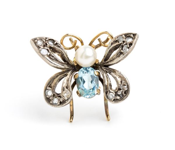 Diamond pearl aquamarine insect-shaped gold and silver brooche 