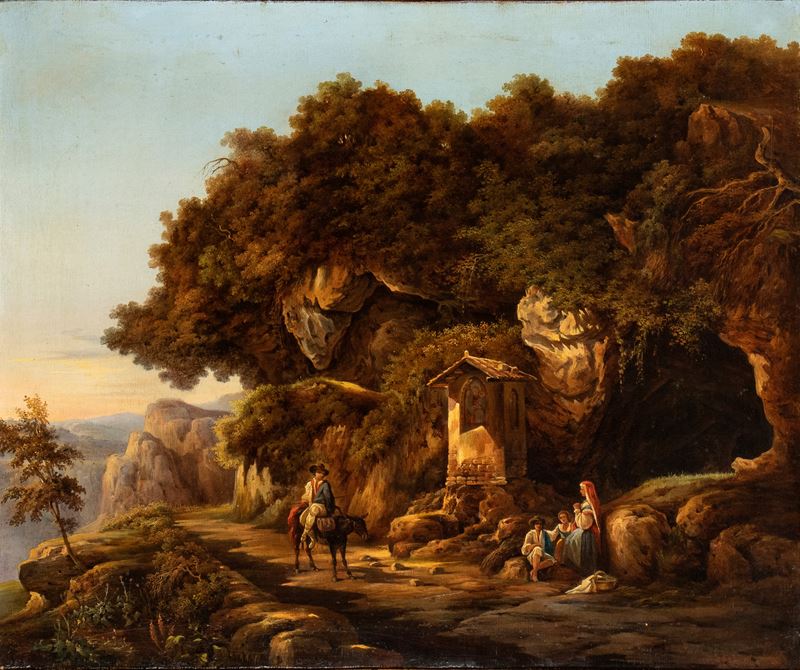 Artista Italiano, Metà XIX Secolo - Paesaggio con Edicola Votiva e Viandanti