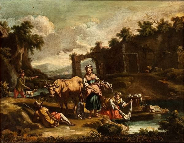 Artista attivo a Roma, XVIII secolo - Landscape with washerwomen and shepherds