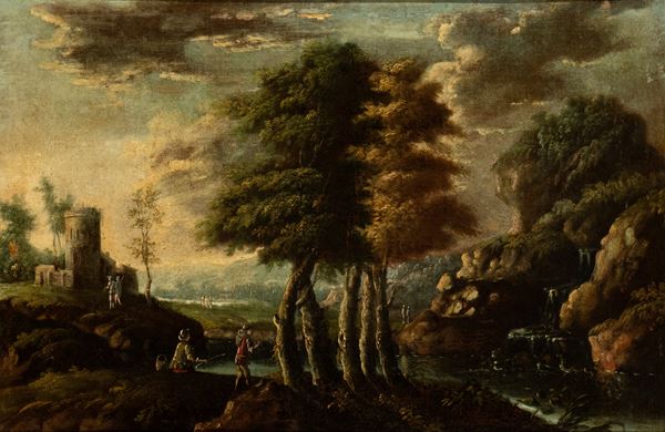 Artista attivo a Roma, XVIII secolo - Landscape with circular tower and figures