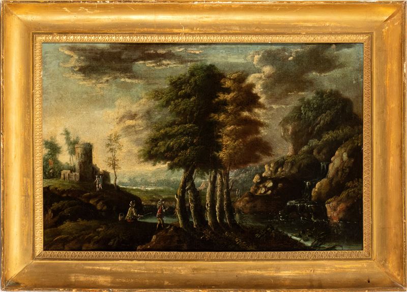 Paesaggio con torrione circolare e figure