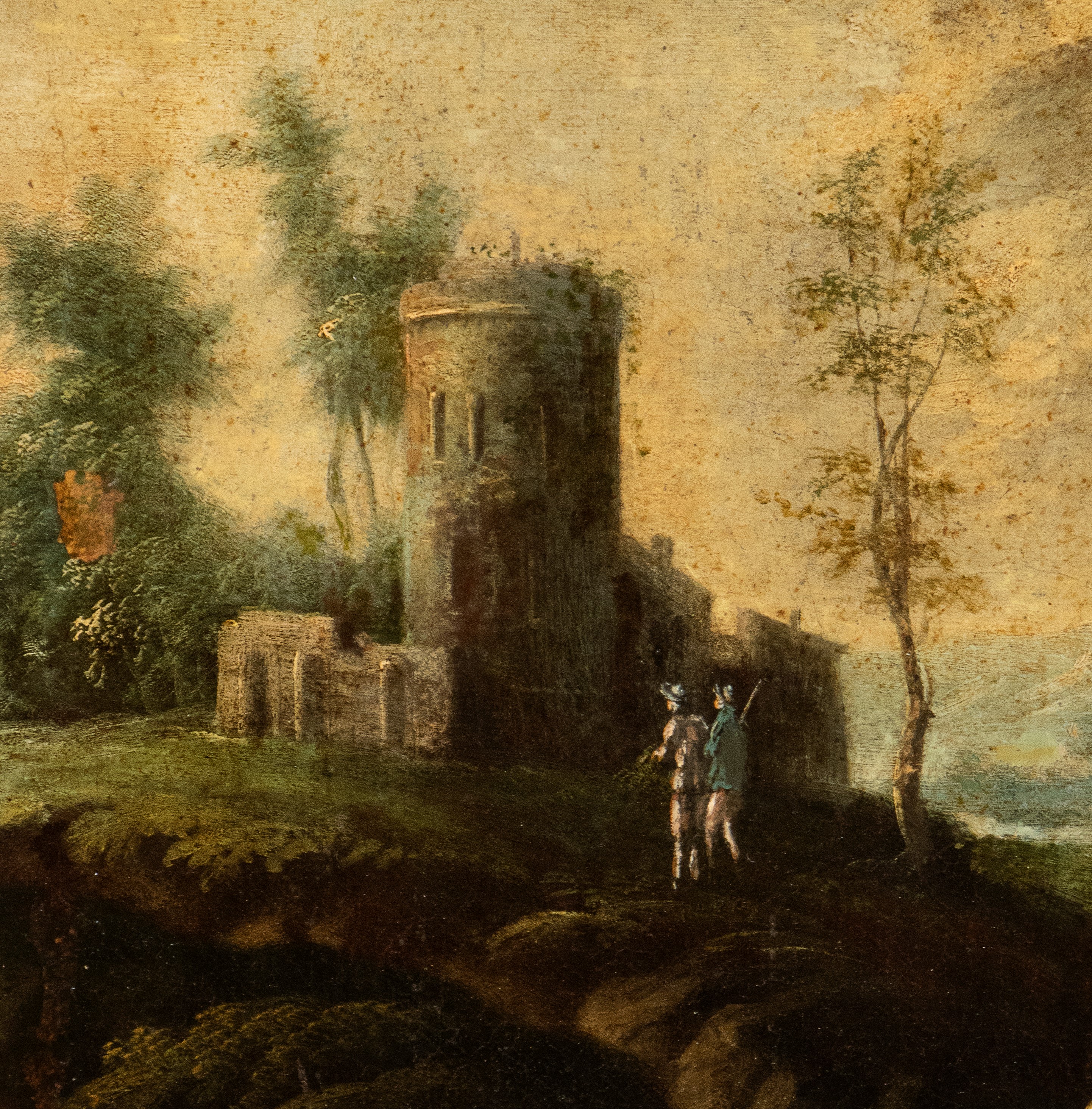 Paesaggio con torrione circolare e figure