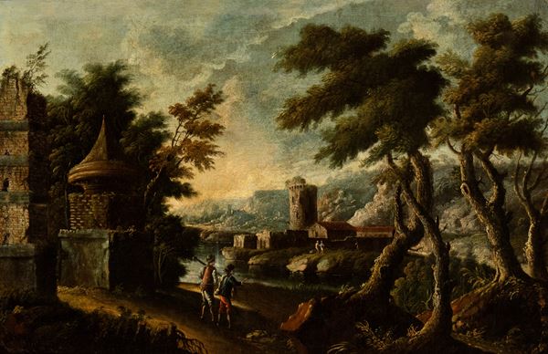 Artista attivo a Roma, XVIII secolo - Landscape with ruins, tower and figures