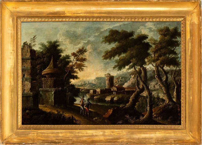 Paesaggio con rudere, torre e figure