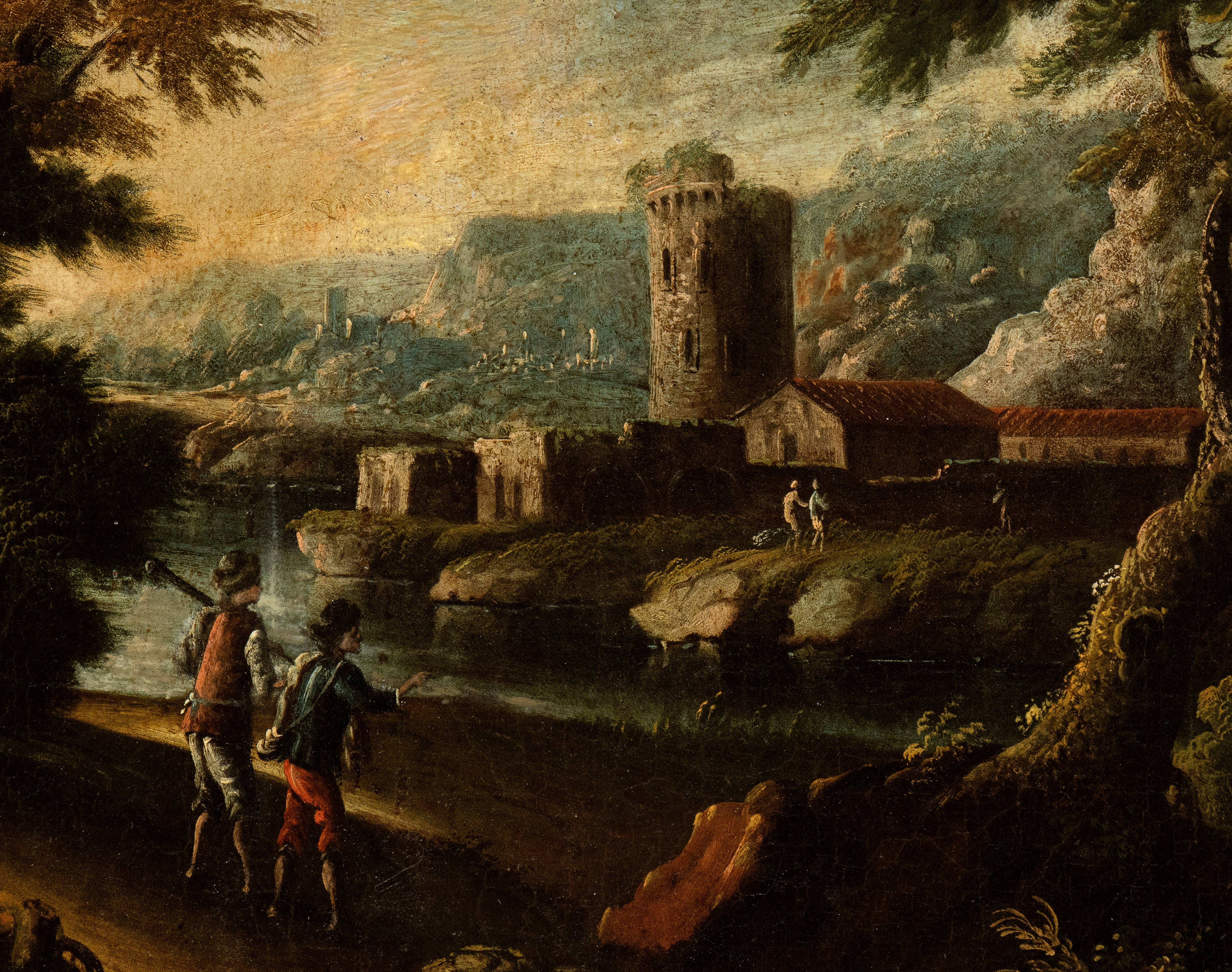 Paesaggio con rudere, torre e figure