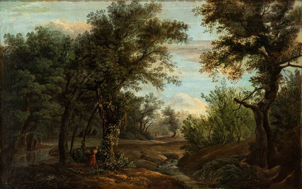 Artista attivo a Roma, XVIII secolo - River landscape with female figure 