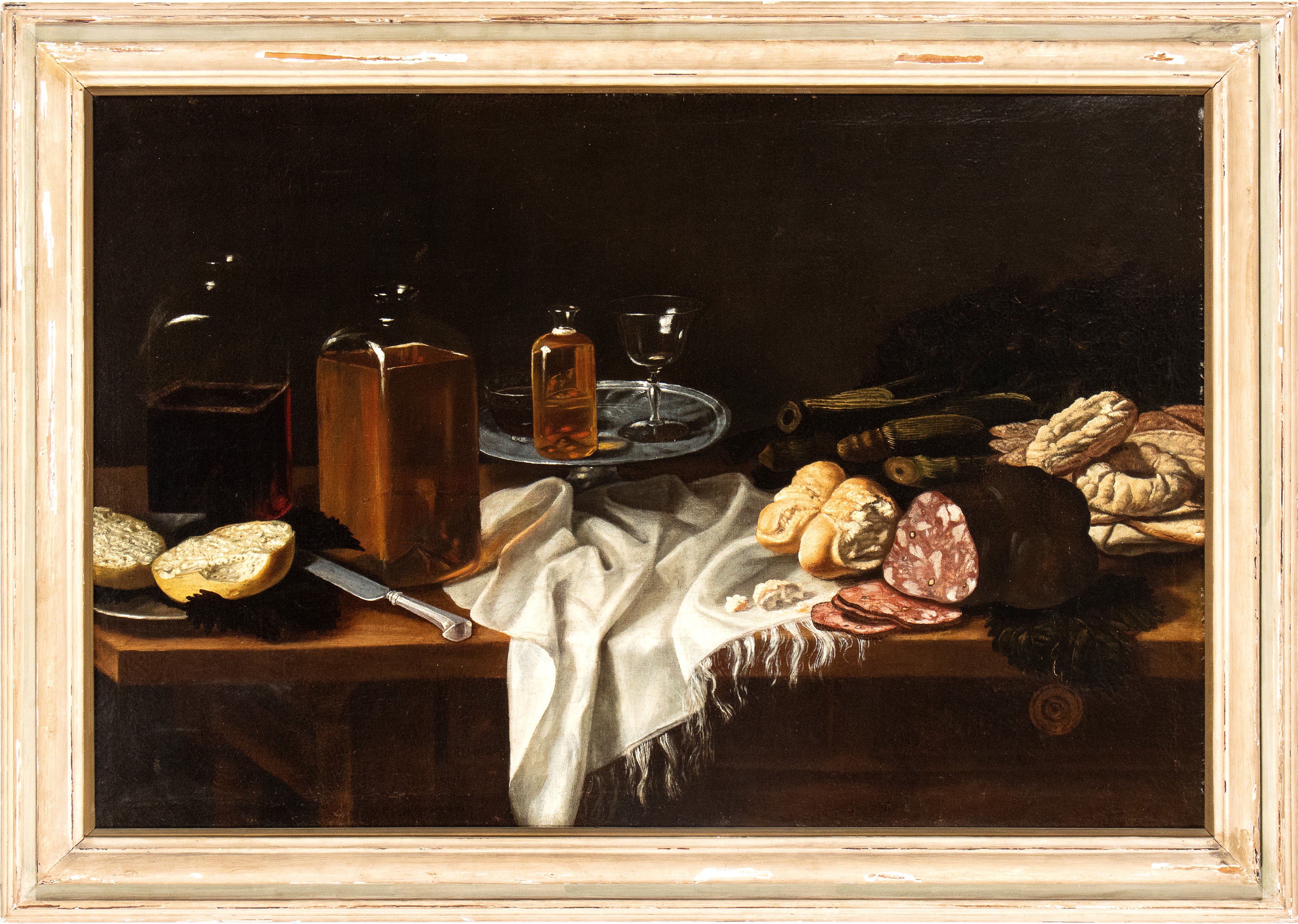 Artista Emiliano, Seconda Metà XVII Secolo - Natura Morta con Salame, Pani, Biscotti e Bottiglie ...