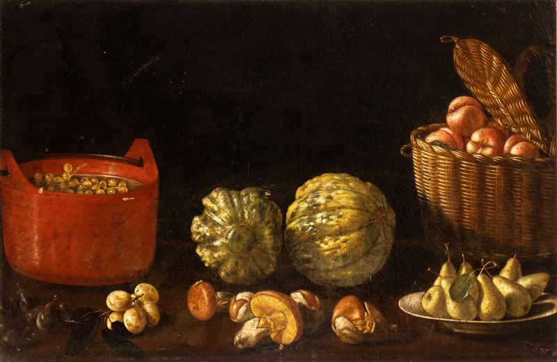 Paolo Antonio Barbieri - Natura Morta di Funghi, Zucca, Pesche e Uva in un Catino