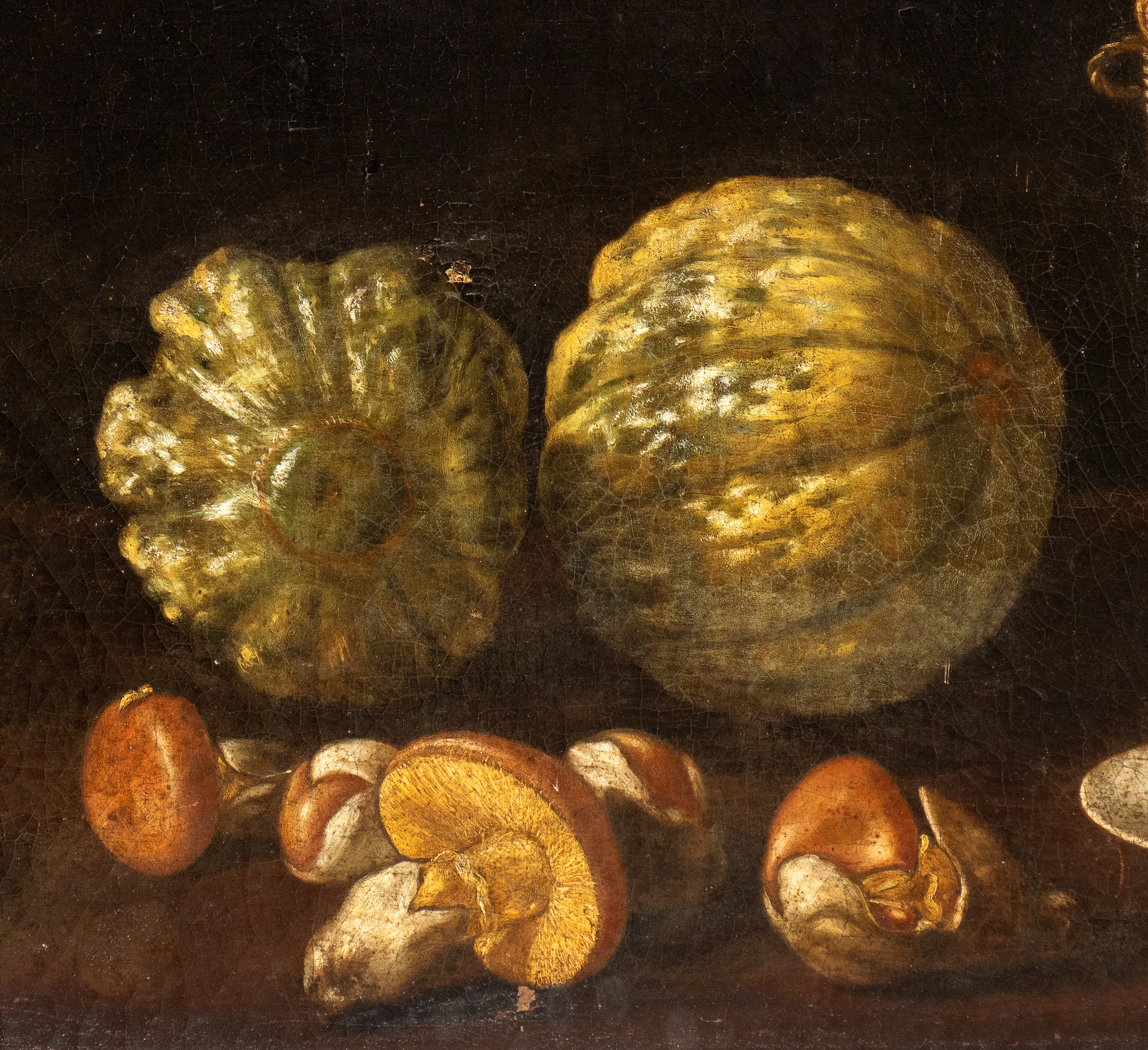 Paolo Antonio Barbieri - Natura Morta di Funghi, Zucca, Pesche e Uva in un Catino