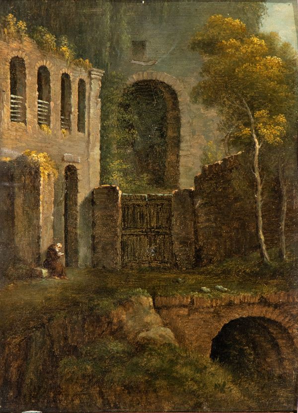 Scuola romana, fine XVIII - inizio XIX secolo - Landscape with ruins and a monk reading