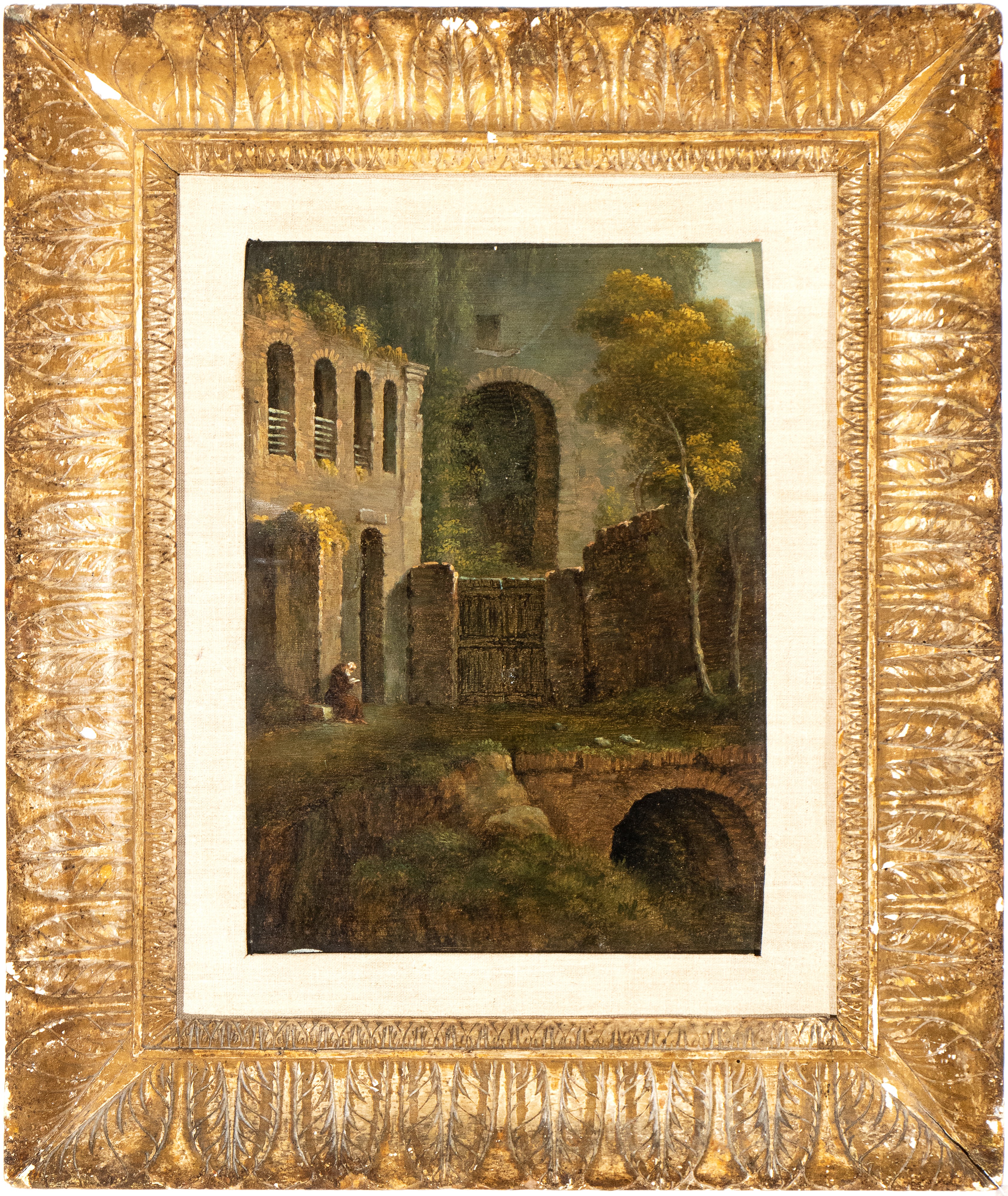 Scuola Romana, Fine XVIII - Inizio XIX Secolo - Paesaggio con Rovine e Monaco che Legge