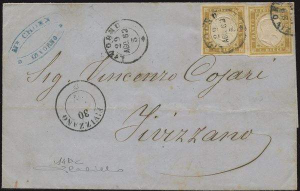 Sardinia IV issue - Olivastro Yellow 14Dc, two copies on envelope.