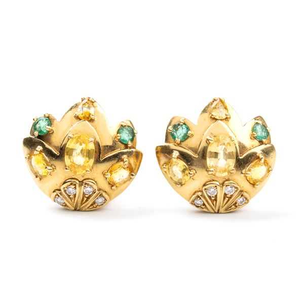 FILIPPO MORONI - Diamond emerald citrine quartz gold pair of earrings