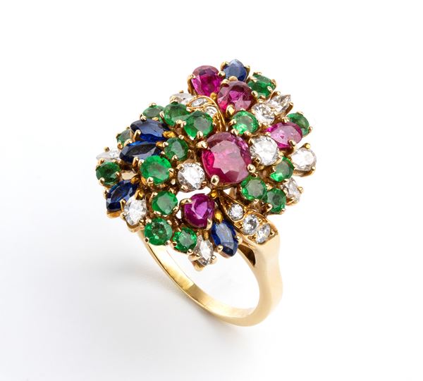 Gold floral spray natural ruby diamond emerald sapphire ring