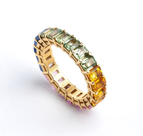 Multicolor sapphire baguette Eternity band gold ring 