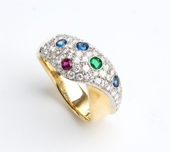 DAMIANI - Diamond sapphire emerald ruby gold band ring 