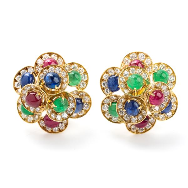 Pair of yellow gold earrings with diamonds and cabochons cut emeralds, sapphires and rubies  