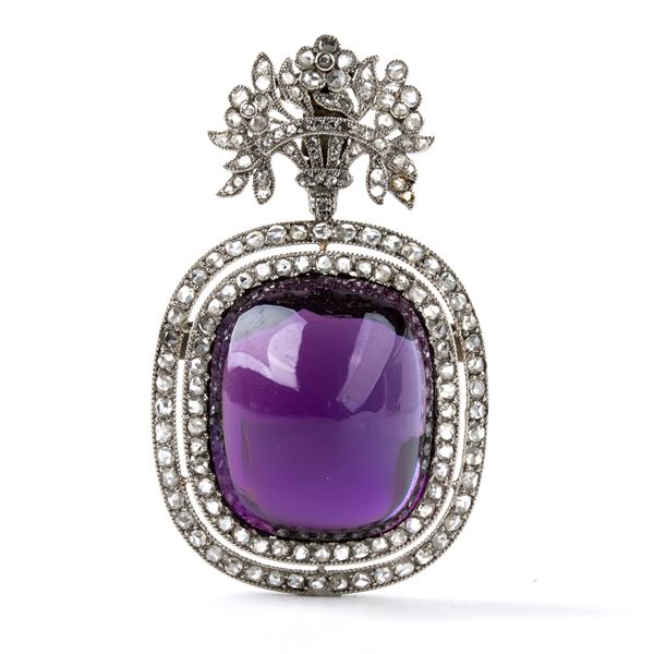 White gold brooch-pendant with large amethyst and diamonds 