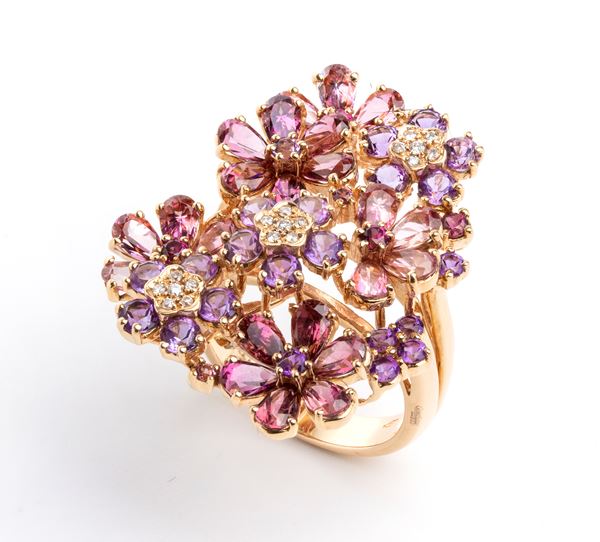 Diamond tourmaline amethyst gold ring