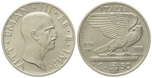 REGNO D'ITALIA. Vittorio Emanuele III (1900 - 1943). 50 Centesimi 1936 "Impero" PROVA. Ni (6,08 g; 23,7 mm)  - Asta Monete e medaglie medievali e moderne italiane ed estere - Bertolami Fine Art - Casa d'Aste