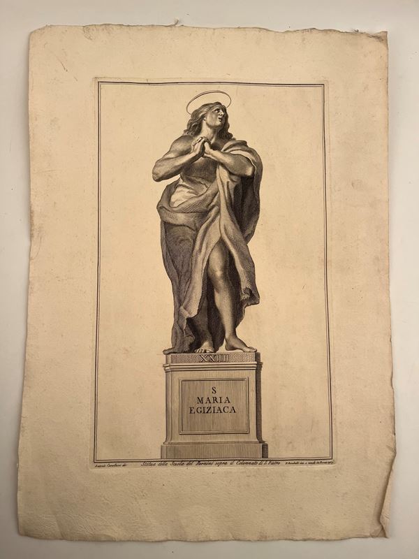 Pietro Leone Bombelli : S. Maria Egiziaca (Statua della Scuola del bernini sopra il Colonnato di S. Pietro)  - Asta Opere su carta. Stampe, disegni, foto d'epoca - Bertolami Fine Art - Casa d'Aste