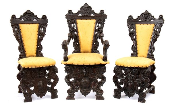 Headpiece and pair of carved Italian chairs, Renaissance