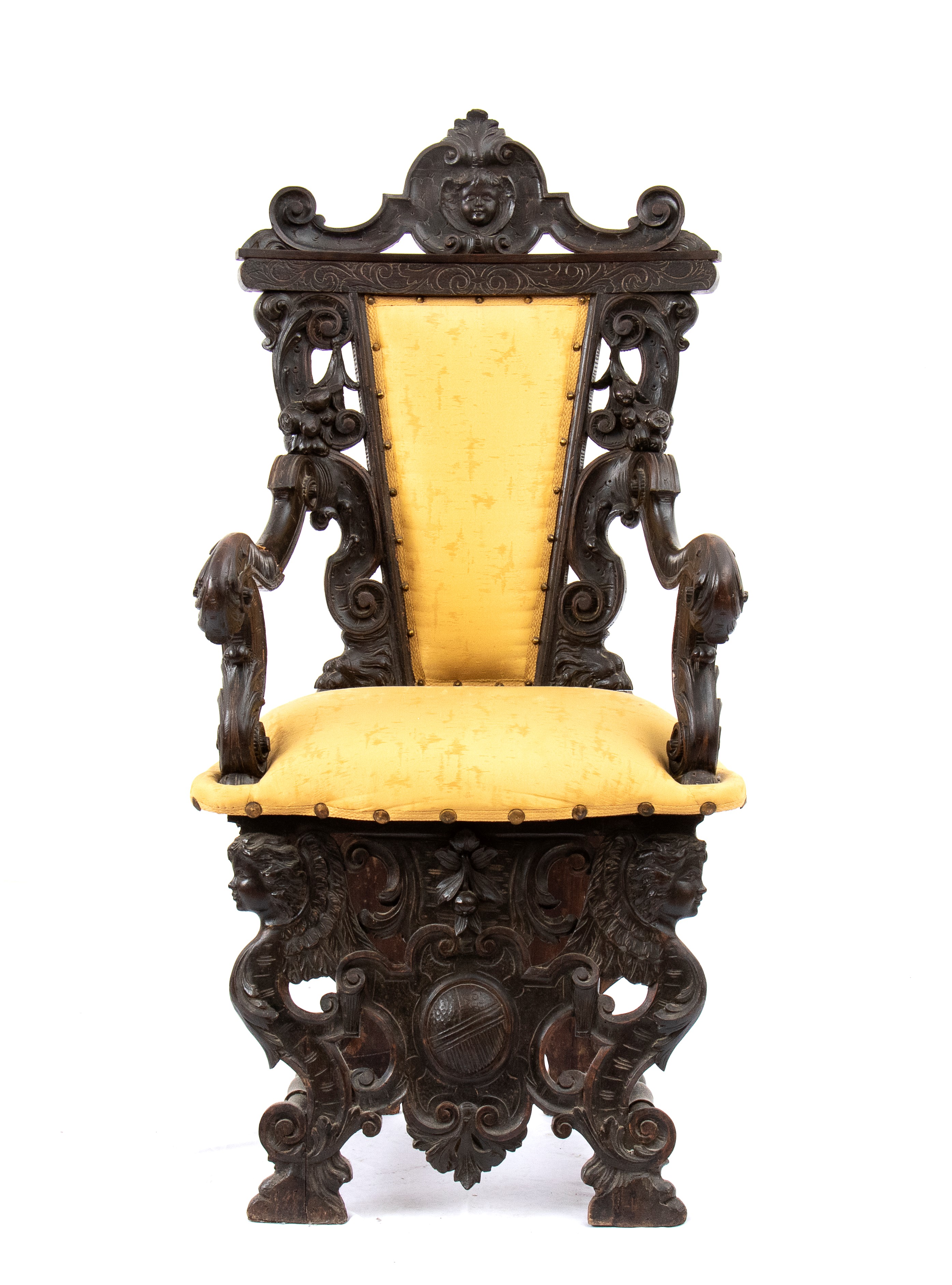 Capotavola e coppia di sedie italiane intagliate, Rinascimento