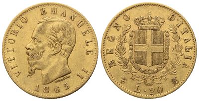 Regno D'italia. Torino. Vittorio Emanuele II (1861 - 1878). 20 Lire 1865. Au (20,8 MM; 6,45 G)