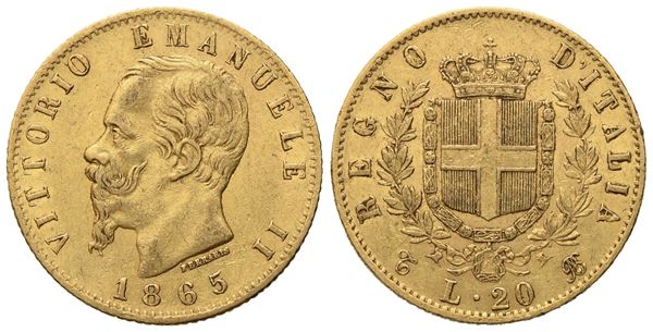 REGNO D'ITALIA. Torino. Vittorio Emanuele II (1861 - 1878). 20 lire 1865. Au (20,8 mm; 6,45 g)