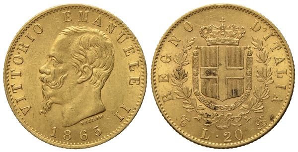 REGNO D'ITALIA. Torino. Vittorio Emanuele II (1861 - 1878). 20 lire 1865. Au (20,8 mm; 6,45 g)  - Asta Monete e medaglie medievali e moderne italiane ed estere - Bertolami Fine Art - Casa d'Aste