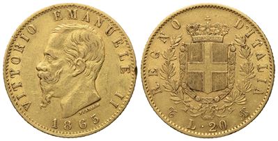 Regno D'italia. Torino. Vittorio Emanuele II (1861 - 1878). 20 Lire 1865. Au (6,45 G; 20,8 MM)