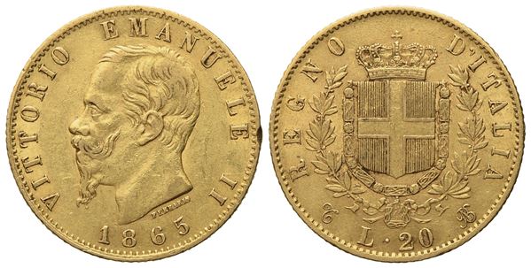 REGNO D'ITALIA. Torino. Vittorio Emanuele II (1861 - 1878). 20 lire 1865. Au (6,45 g; 20,8 mm)  - Asta Monete e medaglie medievali e moderne italiane ed estere - Bertolami Fine Art - Casa d'Aste