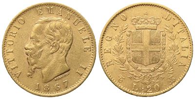 Regno D'italia. Torino. Vittorio Emanuele II (1861-1878). 20 Lire 1867. Au (20,8 MM; 6,50 G)