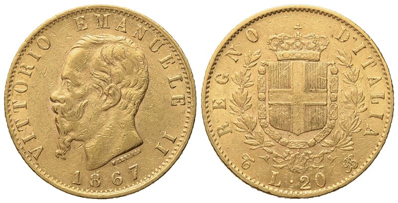 Regno D'italia. Torino. Vittorio Emanuele II (1861-1878). 20 Lire 1867. Au (20,8 MM; 6,50 G)