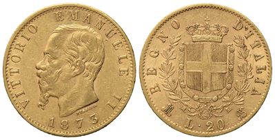 Regno D'italia. Milano. Vittorio Emanuele II (1861 - 1878). 20 Lire 1873. Au (6,45 G; 21 MM)