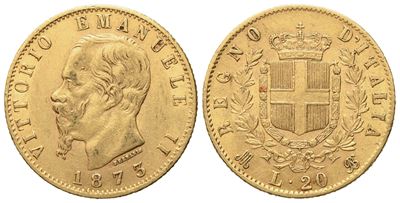 Regno D'italia. Milano. Vittorio Emanuele II (1861 - 1878). 20 Lire 1873. Au (6,45 G; 21 MM)