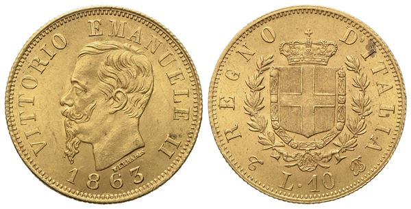 REGNO D'ITALIA. Torino. Vittorio Emanuele II (1861 - 1878). 10 lire 1863. Au (18,2 mm; 3,25 g)  - Asta Monete e medaglie medievali e moderne italiane ed estere - Bertolami Fine Art - Casa d'Aste