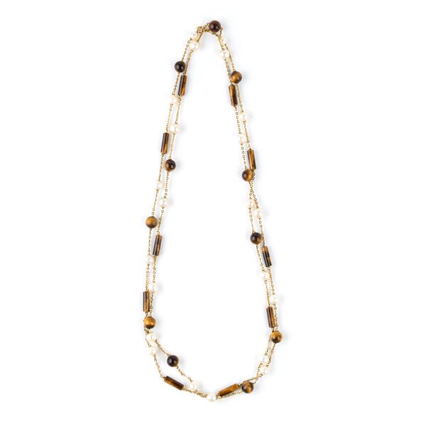 Tiger eye quartz pearl yellow gold long necklace