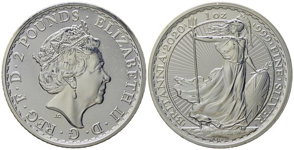 INGHILTERRA. Elisabetta II (1952 - 2022). Oncia 2020 "Britannia". Ag (31,1 g; 39 mm)  - Asta Monete e medaglie medievali e moderne italiane ed estere - Bertolami Fine Art - Casa d'Aste