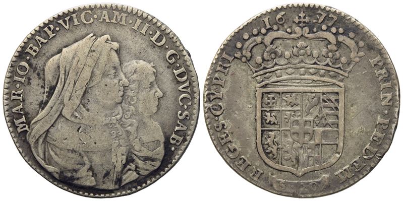 Savoia. Torino. Vittorio Amedeo II (reggenza 1675-1680). Lira da 20 Soldi 1677. Ag (5,97 G; 27,16...