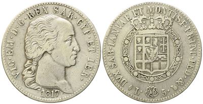 Regno di Sardegna. Vittorio Emanuele i (1802-1821). 5 Lire 1817. Ag (24,64 G; 37,14 MM)