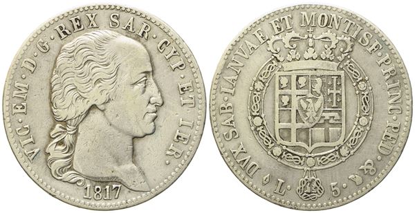 REGNO DI SARDEGNA. Vittorio Emanuele I (1802-1821). 5 lire 1817. Ag (24,64 g; 37,14 mm) 