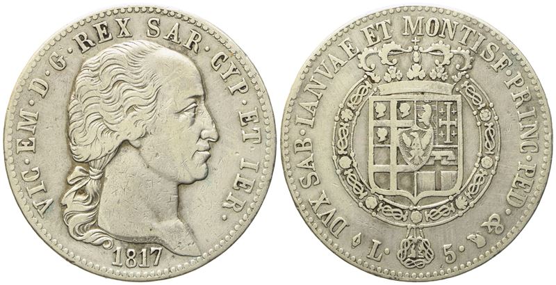Regno di Sardegna. Vittorio Emanuele i (1802-1821). 5 Lire 1817. Ag (24,64 G; 37,14 MM)