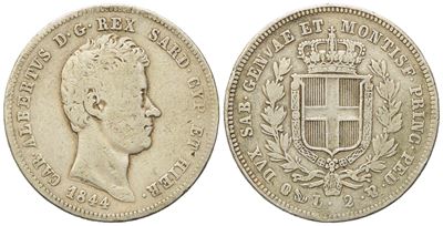 Regno di Sardegna. Genova. Carlo Alberto (1831-1849). 2 Lire 1844. Ag (9,80 G; 26,5 MM)