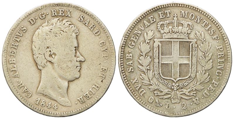 Regno di Sardegna. Genova. Carlo Alberto (1831-1849). 2 Lire 1844. Ag (9,80 G; 26,5 MM)